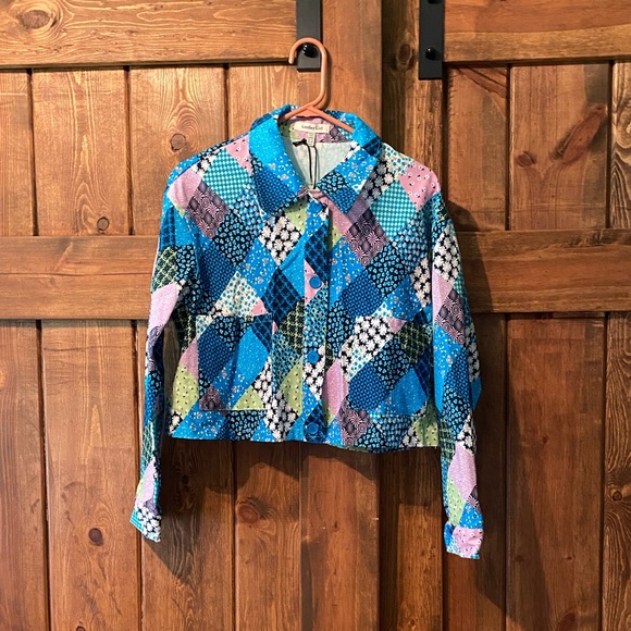 Another Girl Blue Patchwork Print Cropped Boxy Jacket - Picture 1 of 5